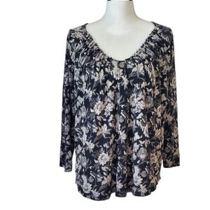Lucky Brand Black and Gray Floral Peasant Boho Style 3/4 Sleeve Flowy Top Size M